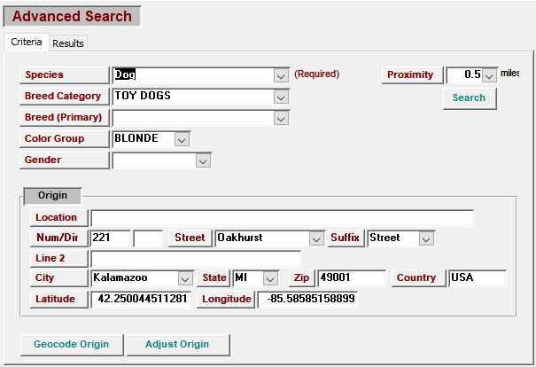 Advanced Animal Search Criteria