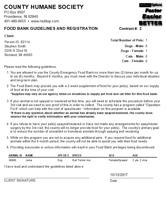 Food Bank Contract