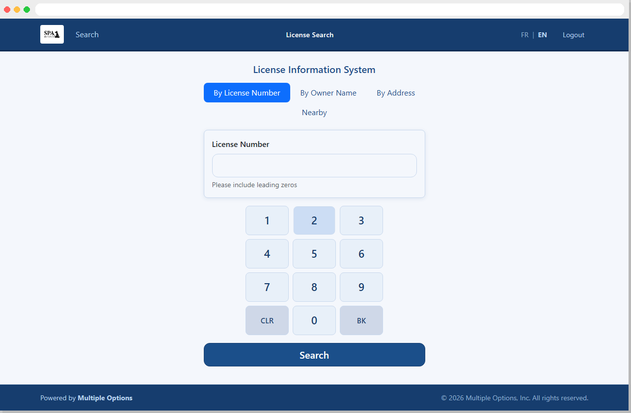 License search — desktop browser view