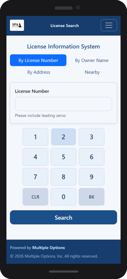 Licensed Animal Lookup — search screen on mobile