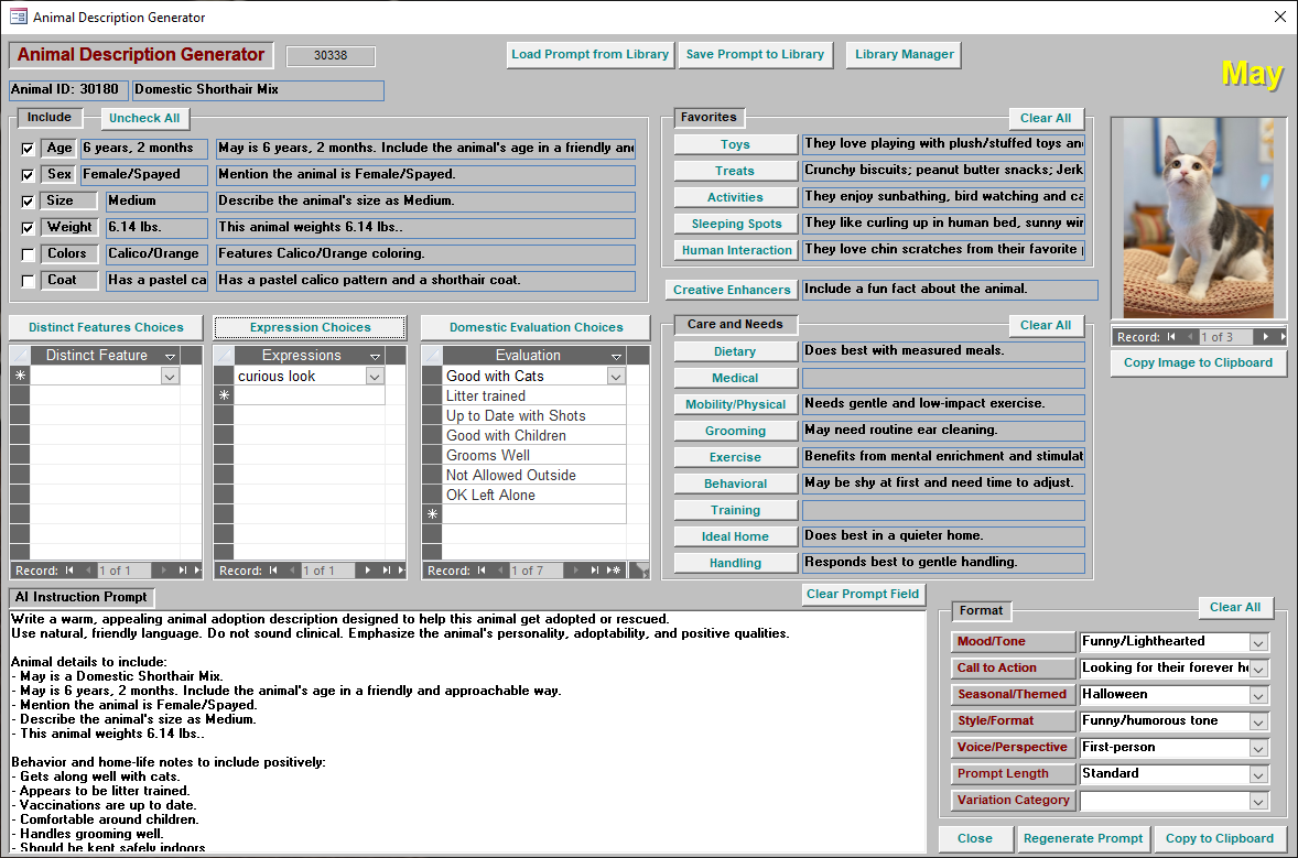 Animal Description Generator — MOASMS form